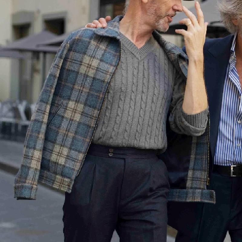 Men's Classic Retro Lapel Zipper Plaid Tweed Jacket 9272270356664