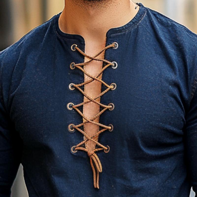 Men's Retro Casual Solid Color Lace-up Long Sleeve T-shirt 9877216460984