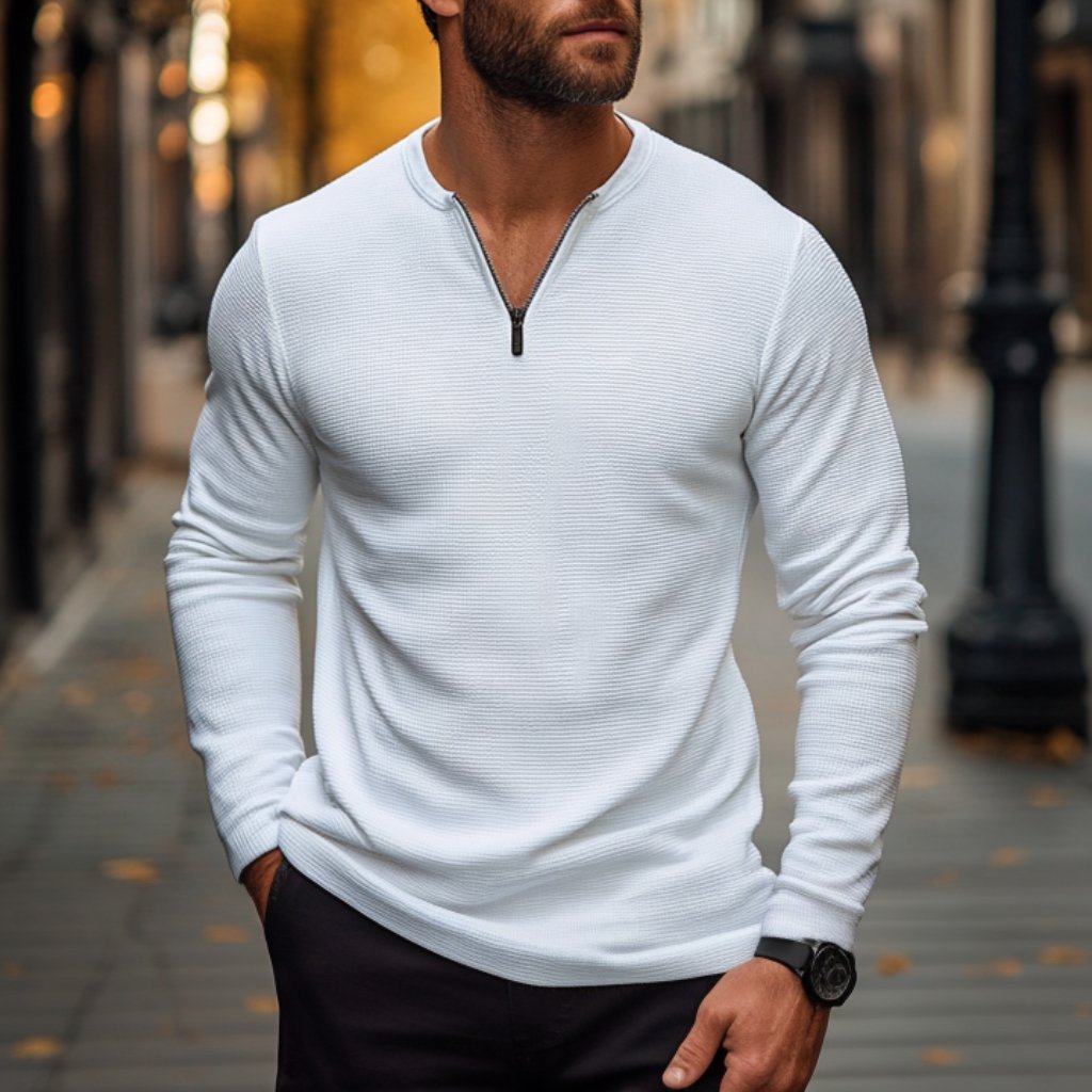 Men's Casual Waffle Zipper Collar Slim Fit Long Sleeve T-Shirt 9274167525560