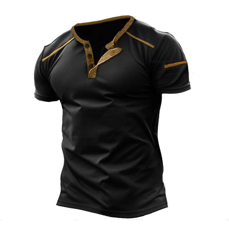 Men's Color Block Henley Collar Short Sleeve T-Shirt 9261134610616