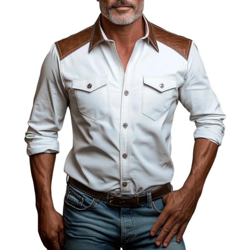 Men's Fashion Paneled Leather Collar Double Chest Pockets Long Sleeve Shirt 9883356528824