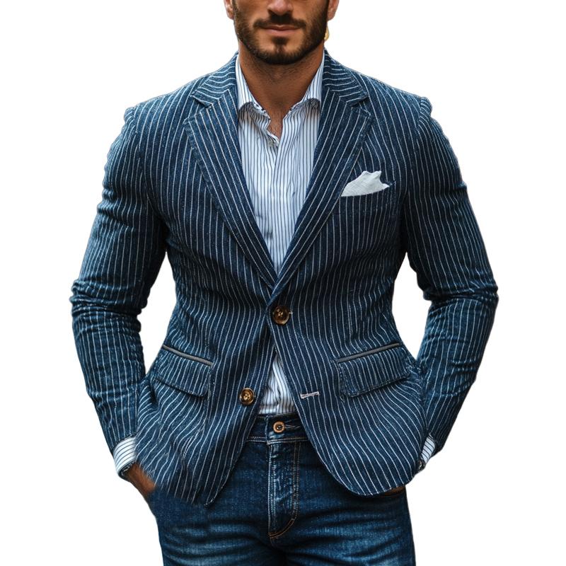 Men's Dark Blue Vertical Striped Blazer 9873521574072