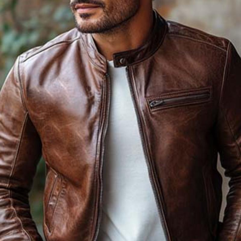 Men's Classic Vintage Slim Stand Collar Leather Jacket 9873139761336