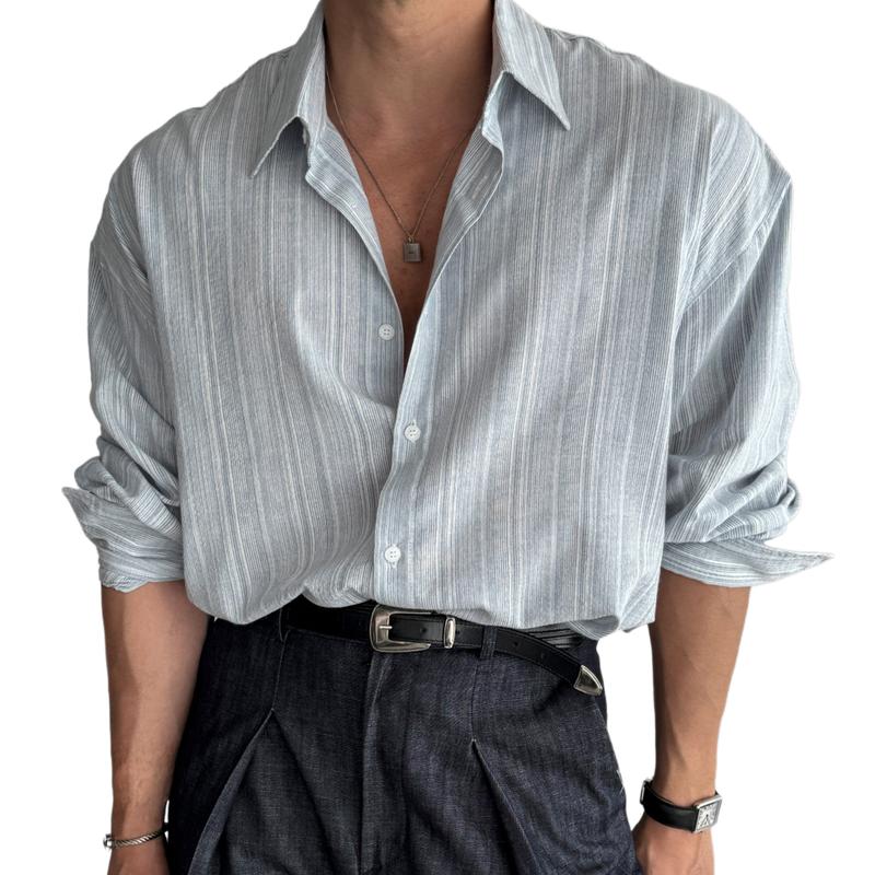 Men's Retro Casual Striped Lapel Long Sleeve Shirt 9261794361528