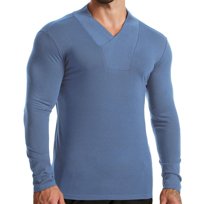 Men's Casual Solid Color V Neck Slim Long Sleeve T-Shirt 9261137330360