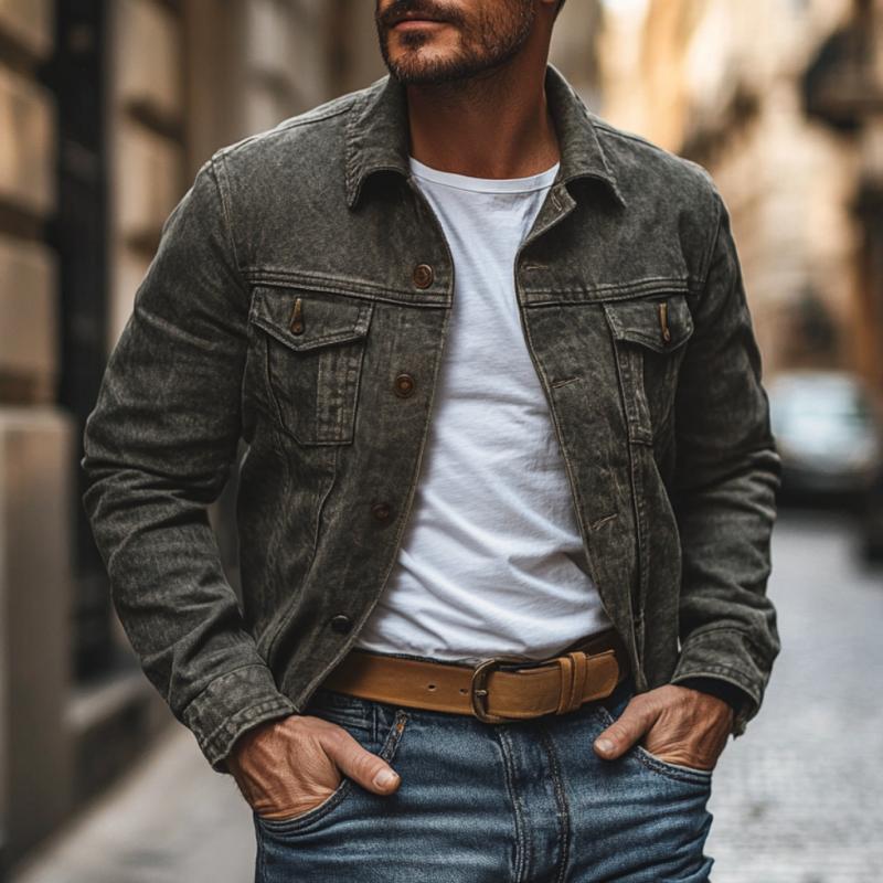 Men's Vintage Washed Denim Lapel Single Breasted Slim Fit Jacket 9885320511672