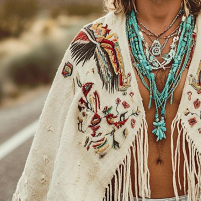 Men's Vintage Casual Linen Eagle Feather Embroidered Cape 9887382536376