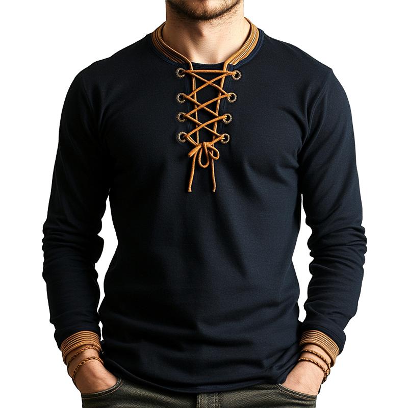 Men's Retro Casual Solid Color Lace-up Long Sleeve T-shirt 9877216297144