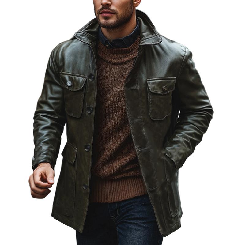 Men's Vintage Dark Green Stand Collar Leather Coat 9269591408824