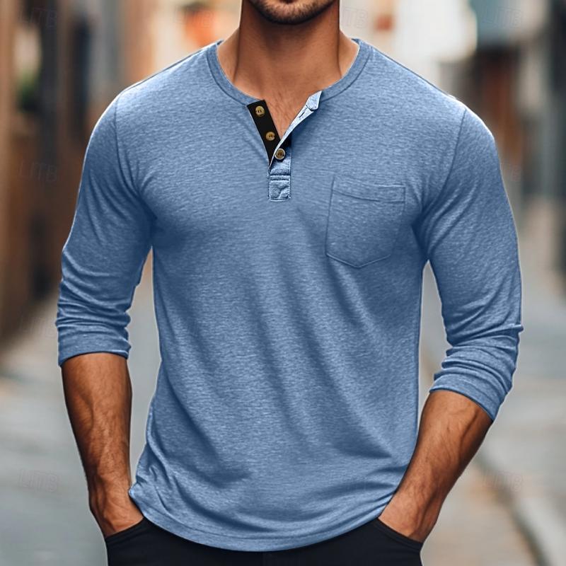 Men's Solid Color Button Round Neck Long Sleeve T-Shirt 9261142900920