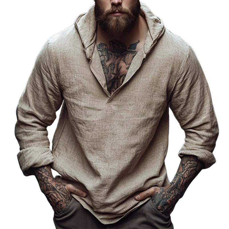 Men's Retro Casual Solid Color Cotton and Linen Hooded Long Sleeve Shirt 9879659217080