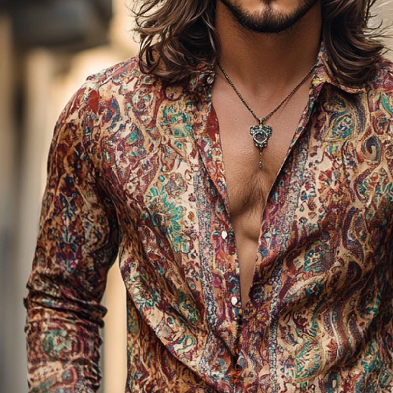 Men's Retro Casual Print Lapel Long Sleeve Shirt 9886819614904