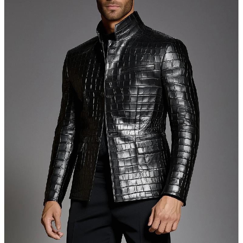 Men's Fashion Check Embossed Lapel Single Breasted Leather Blazer 9877217476792