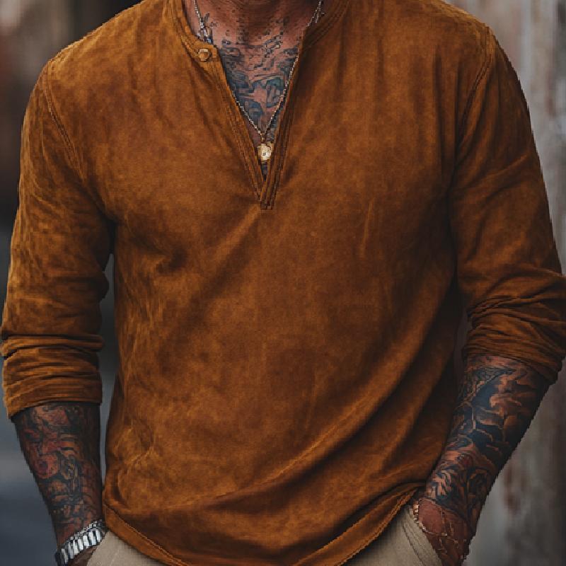 Men's Retro V-neck Air Layer Suede Long Sleeve T-shirt 9272244469944