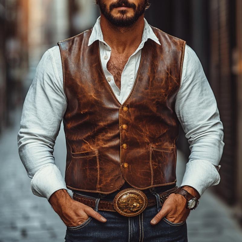 Men's Vintage Leather V-Neck Single Breasted Slim Fit Vest 9887360549048