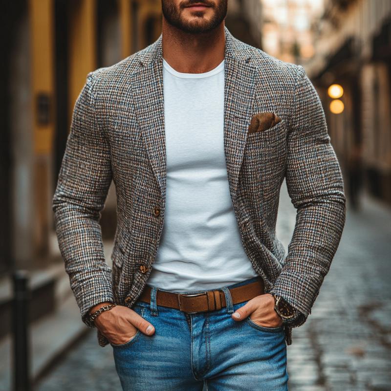 Men's Casual Tweed Notch Lapel Single-breasted Slim-fit Blazer 9273156632760