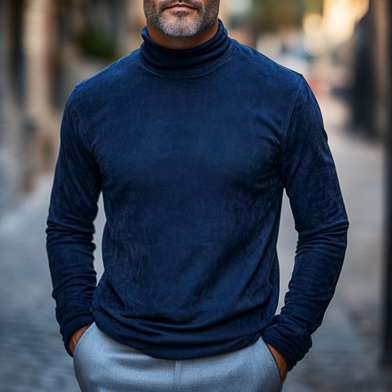 Men's Casual Turtleneck Suede Long Sleeve T-Shirt 9877644804280