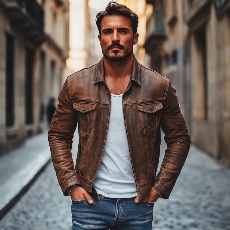 Men's Vintage Leather Lapel Single Breasted Slim Fit Jacket 9272243454136