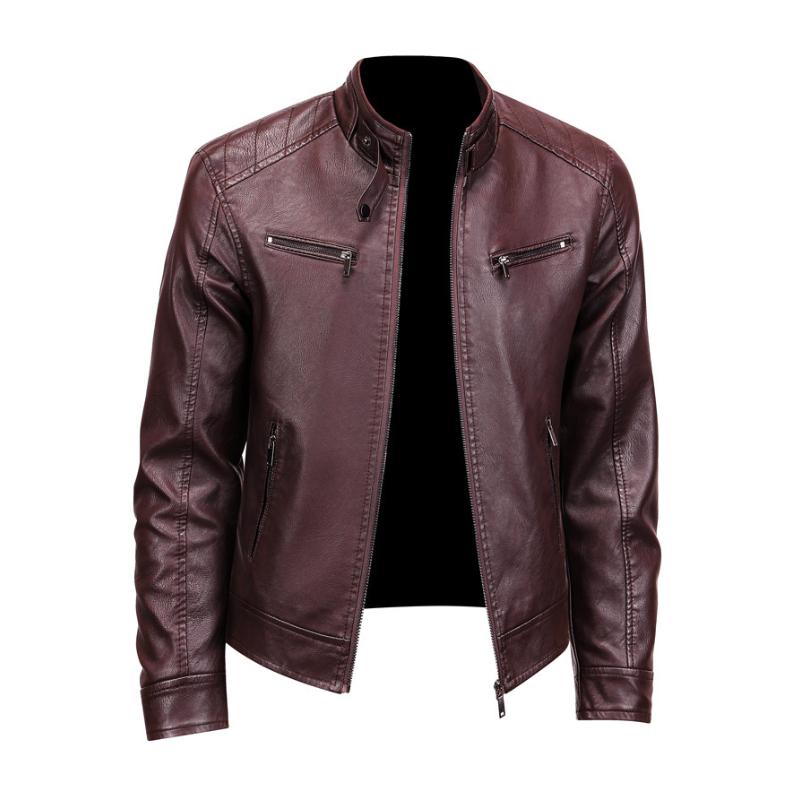 Men's Vintage Stand Collar Zipper Slim Fit Motorcycle Leather Jacket 9261092831416