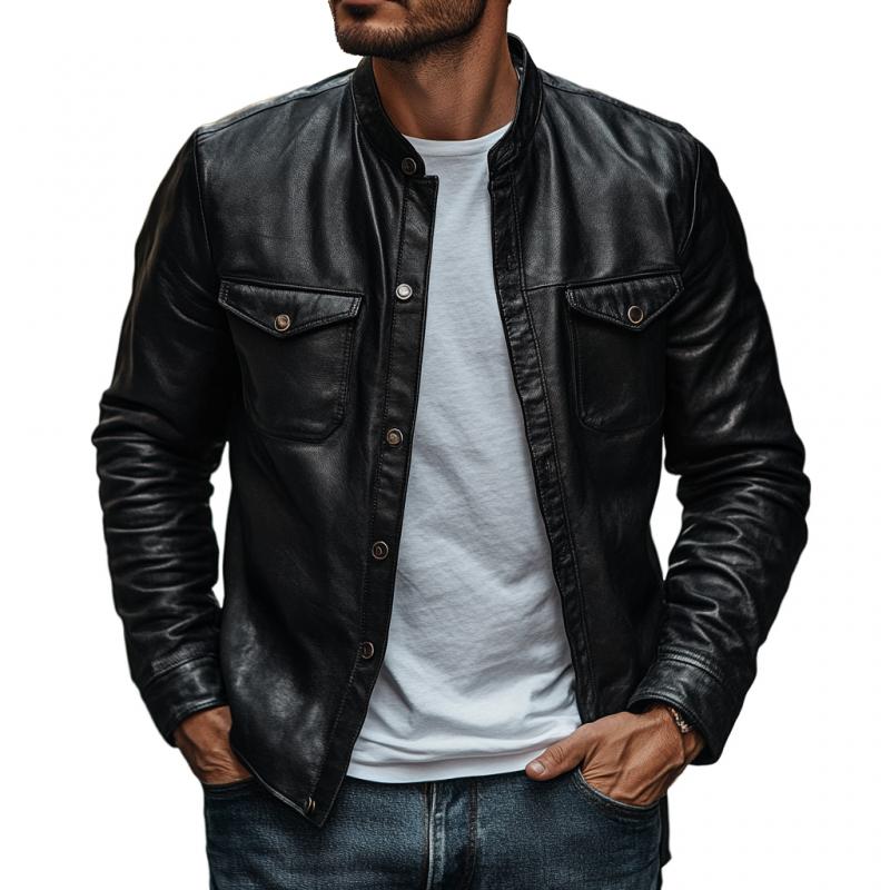 Men's Casual Solid Color Leather Stand Collar Slim Fit Long Sleeve Shirt 9273157583032