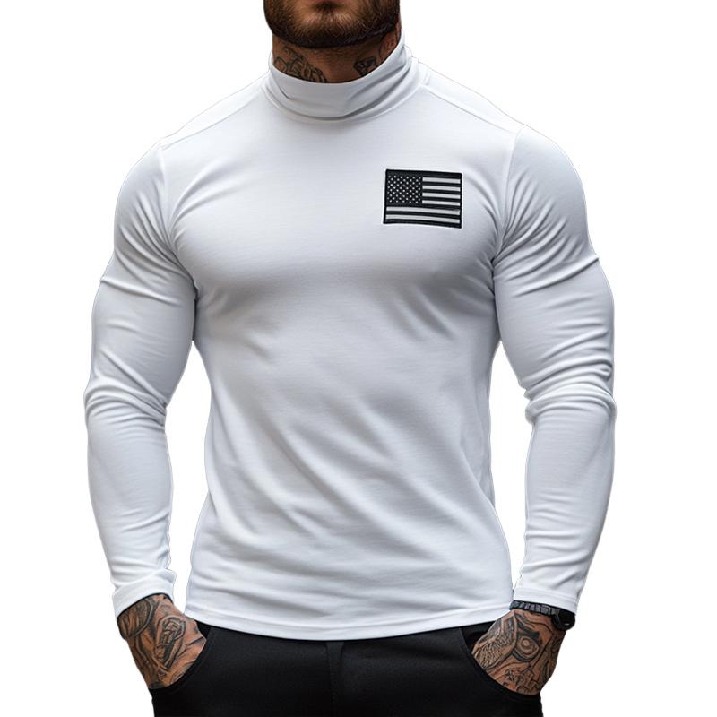 Men's Retro Casual American Flag Half Turtleneck Long Sleeve T-Shirt 9880236359864
