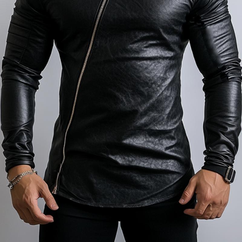 Men's Stylish Round Neck Zippered Placket Slim Fit leather long sleeve T-shirt 9885322444984
