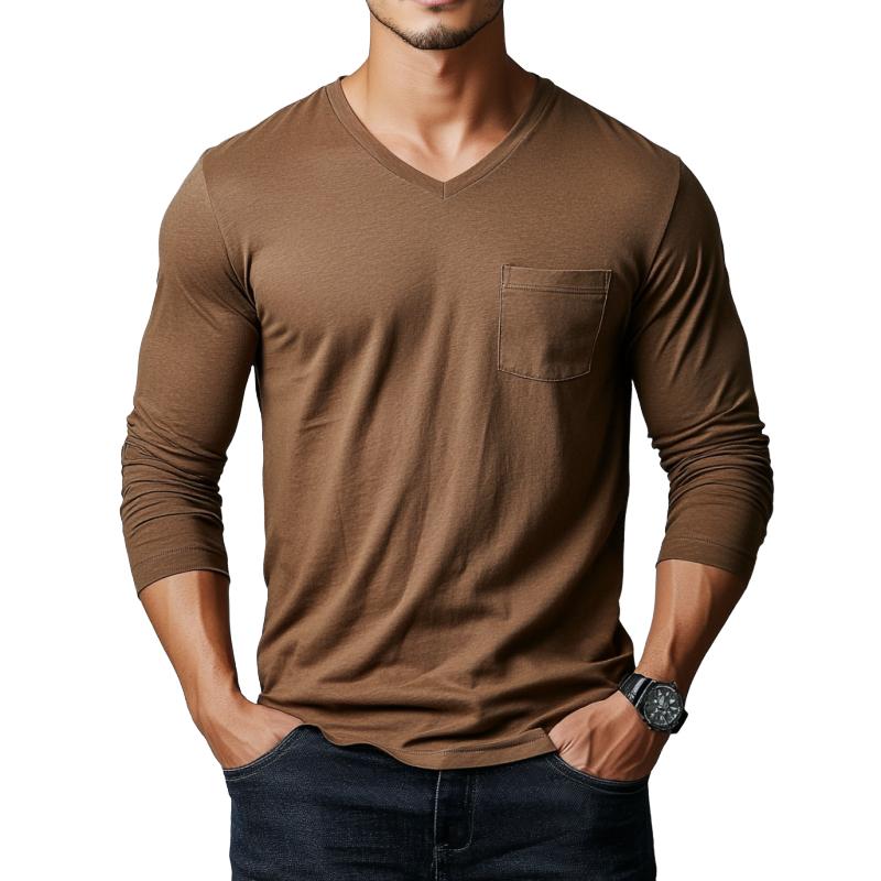 Men's Classic Casual V-Neck Pocket Cotton Long Sleeve T-Shirt 9877215248568