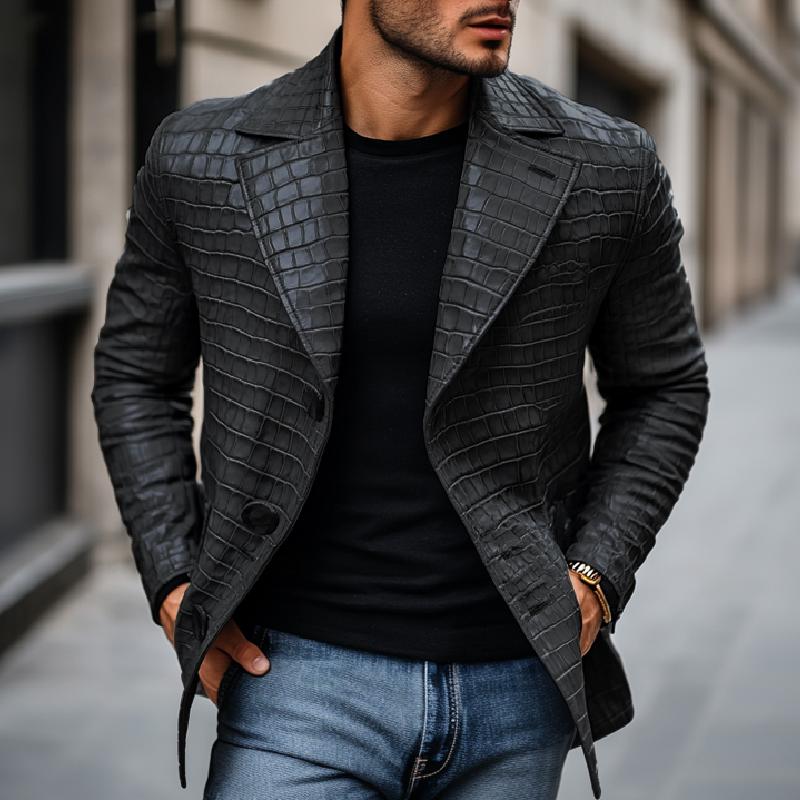 Men's Vintage Stone Pattern Leather Notched Lapel Slim Fit Blazer 9268190019768