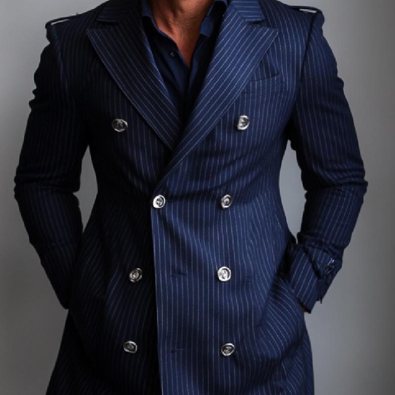 Men's Vintage Striped Double Breasted Mid-Length Trench Coat 9877217673400