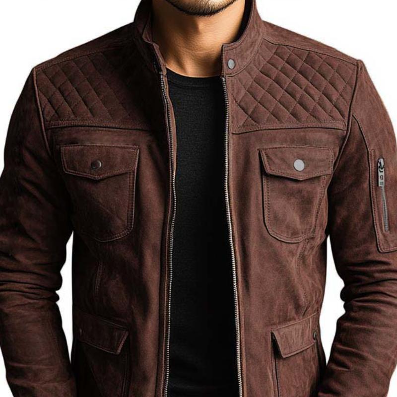 Men's Vintage Classic Slim Fit Multi-Pocket Zipper Stand Collar Suede Jacket 9261096960184