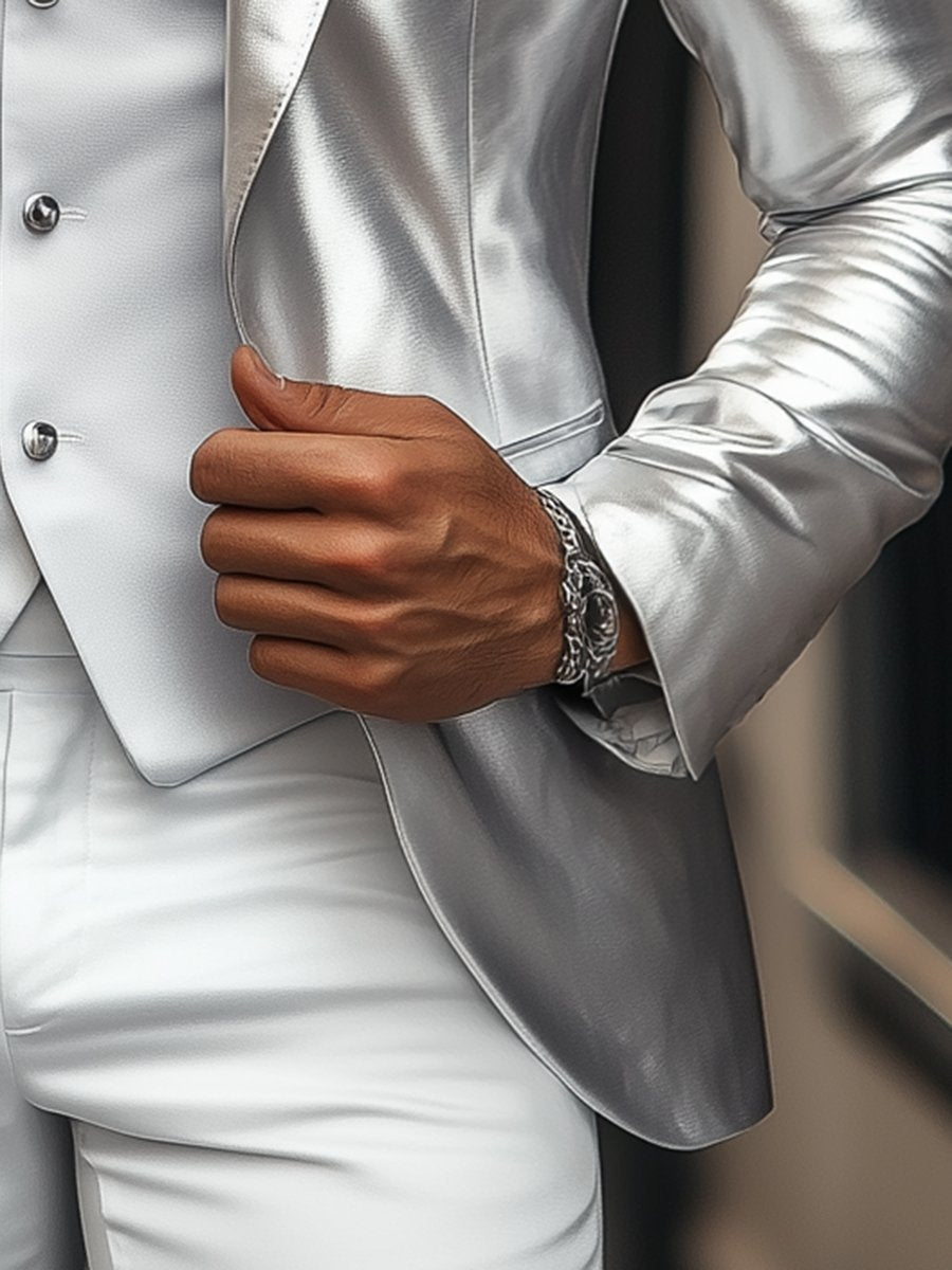 Elegant Silver Satin Single Breasted Blazer 9904641310904