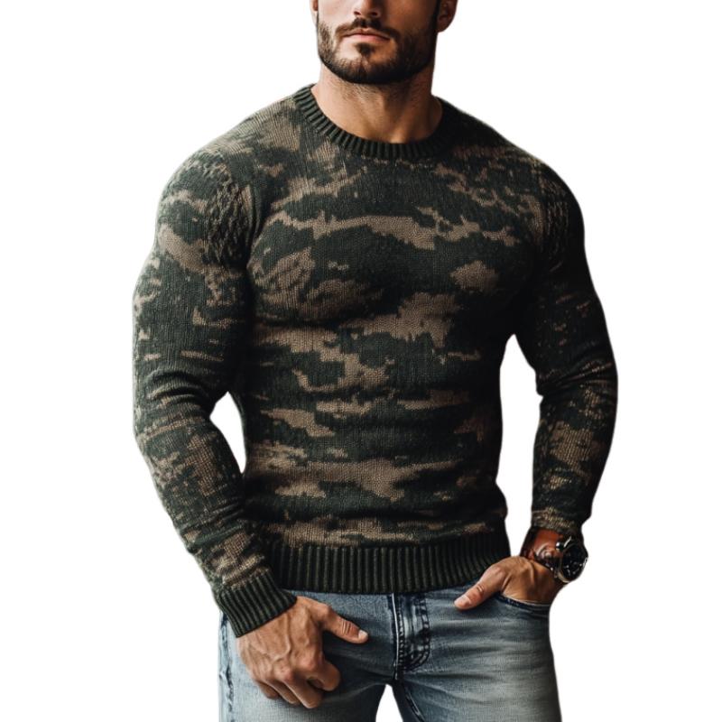 Men's Vintage Camouflage Jacquard Slim Fit Crew Neck Sweater 9262182432952