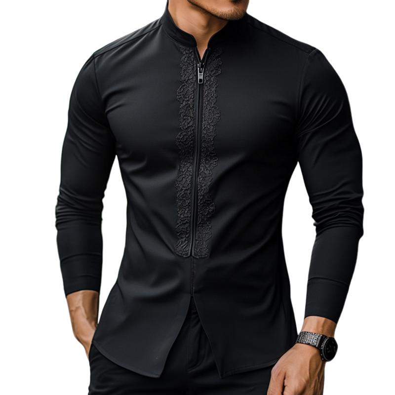 Men's Retro Casual Stand Collar Zipper Long Sleeve Shirt 9880236130488