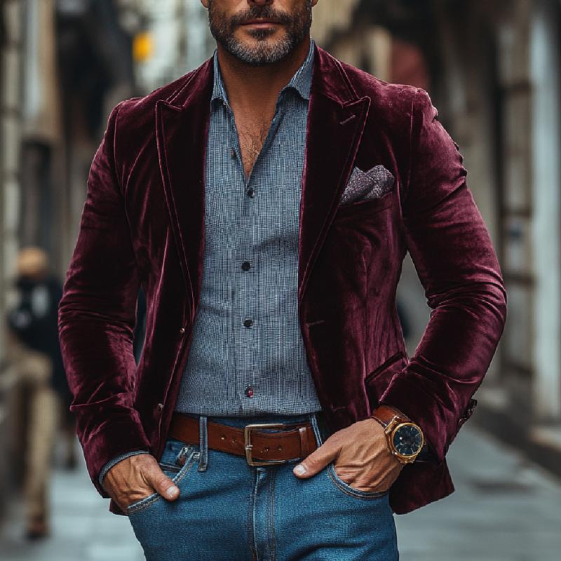 Men's Vintage Velvet Peak Lapel Single Breasted Slim Fit Blazer 9273156665528