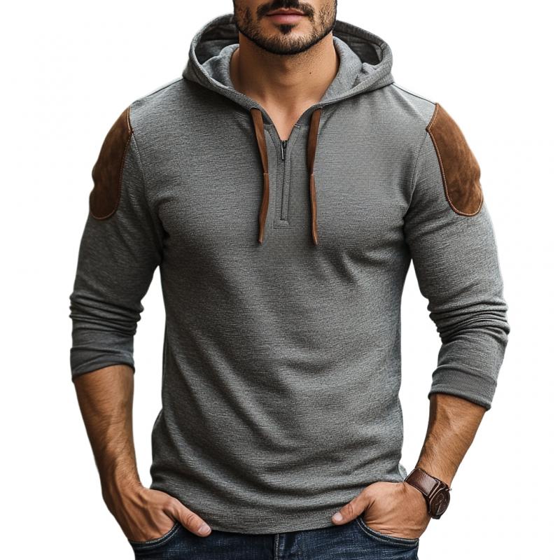 Men's Fashion Cotton Suede Patchwork Zipper Neck Slim Fit Hoodie 9271920787640