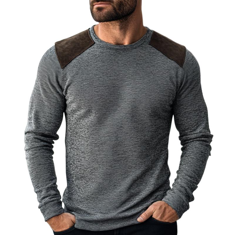Men's Casual Round Neck Suede Patch Slim Fit Long Sleeve T-shirt 9261139329208