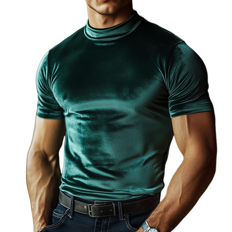 Men's Retro Casual Velvet High Neck Short Sleeve T-Shirt 9886819909816
