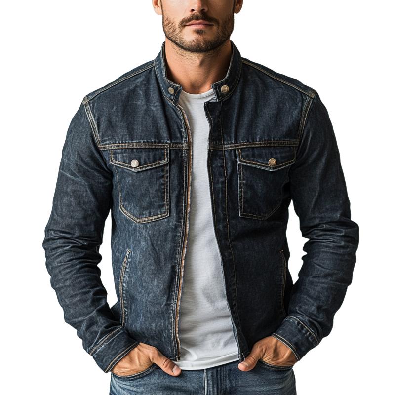 Men's Vintage Washed Stand Collar Multi Pocket Denim Jacket 9887362941112