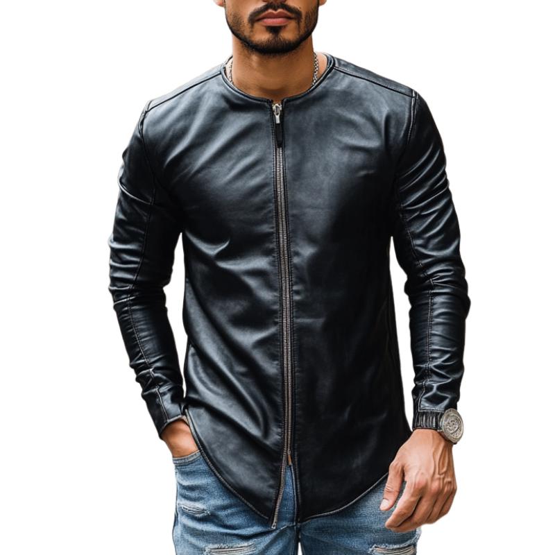 Men's Casual Fashion Round Neck Zipper Slim Leather Long Sleeve T-Shirt 9885322510520