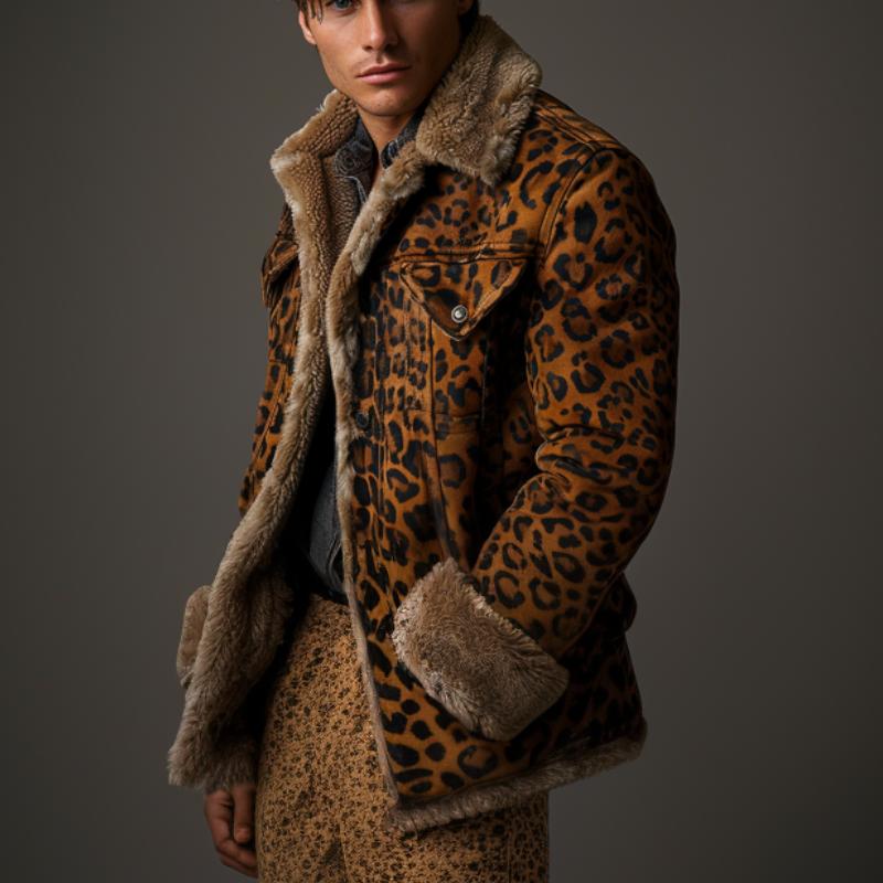 Men's Leopard Print Lapel Insulated Jacket 9261095354552