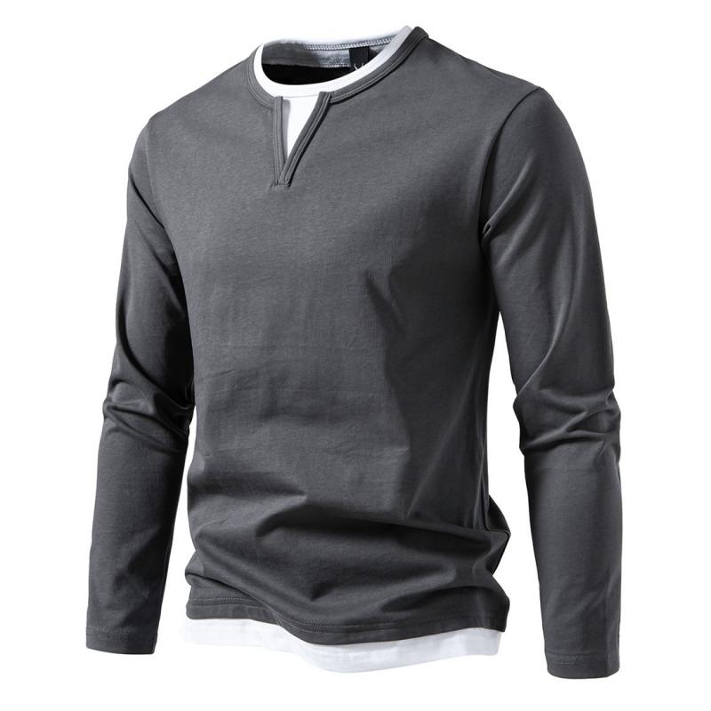 Men's Casual Color Matching Fake Two-Piece Double-Layer V-Neck Long-Sleeved T-Shirt 9268189003960