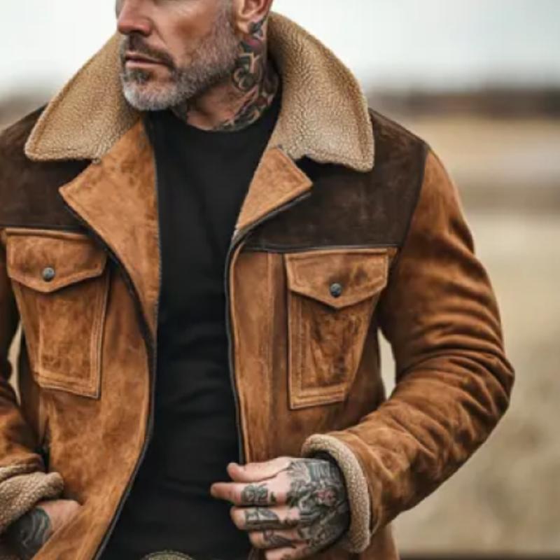 Men's Colorblock Suede and Polar Fleece Lapel Mid-Length Coat 9261100859576