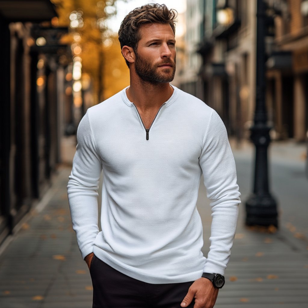 Men's Casual Waffle Zipper Collar Slim Fit Long Sleeve T-Shirt 9274167525560