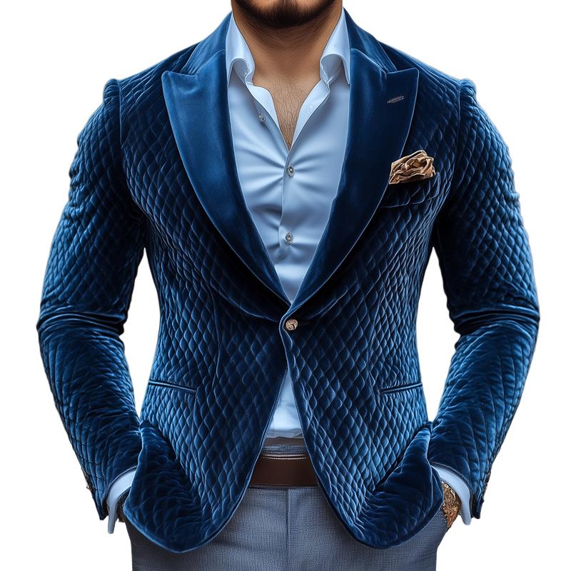 Men's Vintage Rhombus Velvet Peak Lapel One-button Casual Blazer 9873133928632