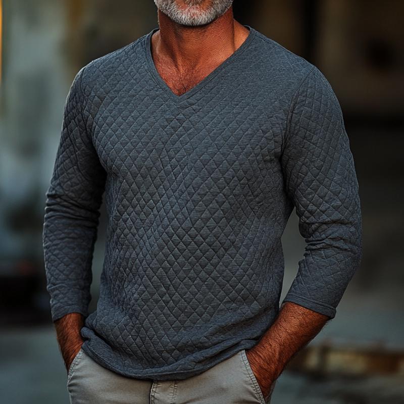 Men's Classic V-Neck Quilted Padded Warm Long Sleeve T-Shirt 9873140482232