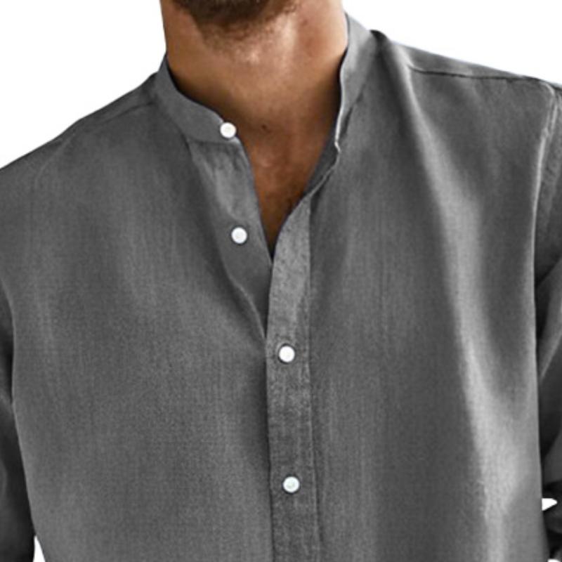 Men's Casual Solid Color Cotton and Linen Stand Collar Long Sleeve Shirt 9879659610296