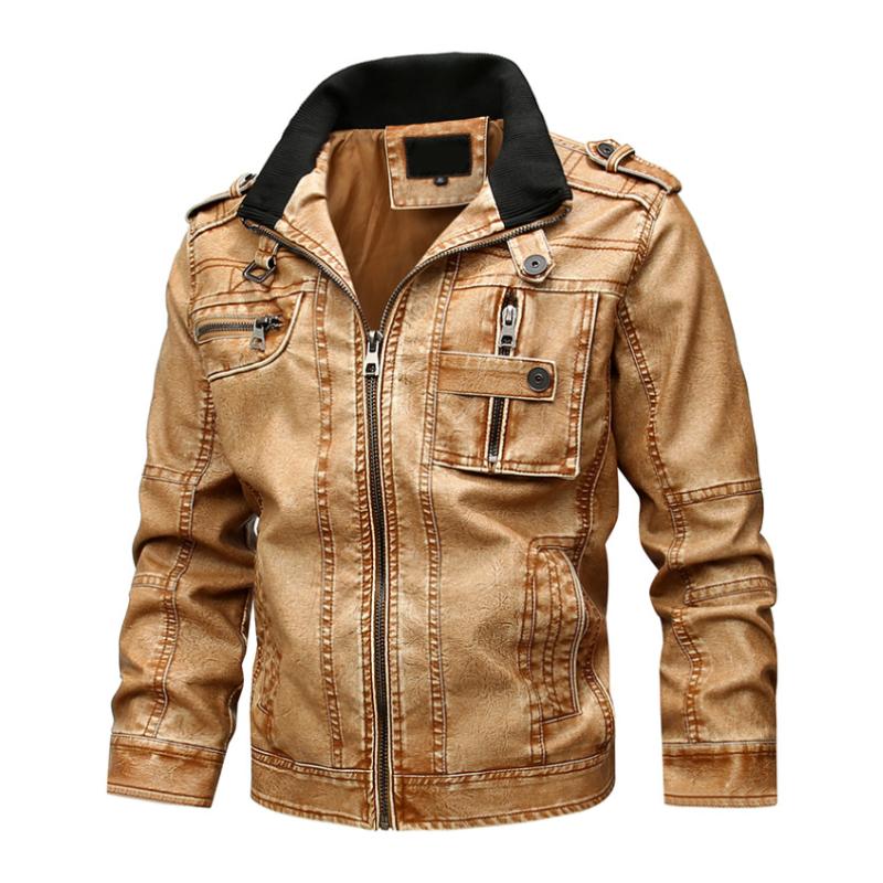 Men's Vintage Stand Collar Multi-Pocket Zippered Leather Motorcycle Jacket 9261088899256