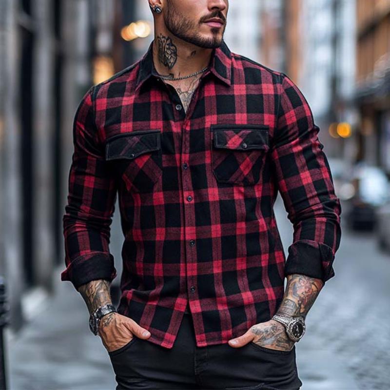 Men's Classic Casual Plaid Multi-Pocket Slim Fit Long Sleeve T-Shirt 9873140351160