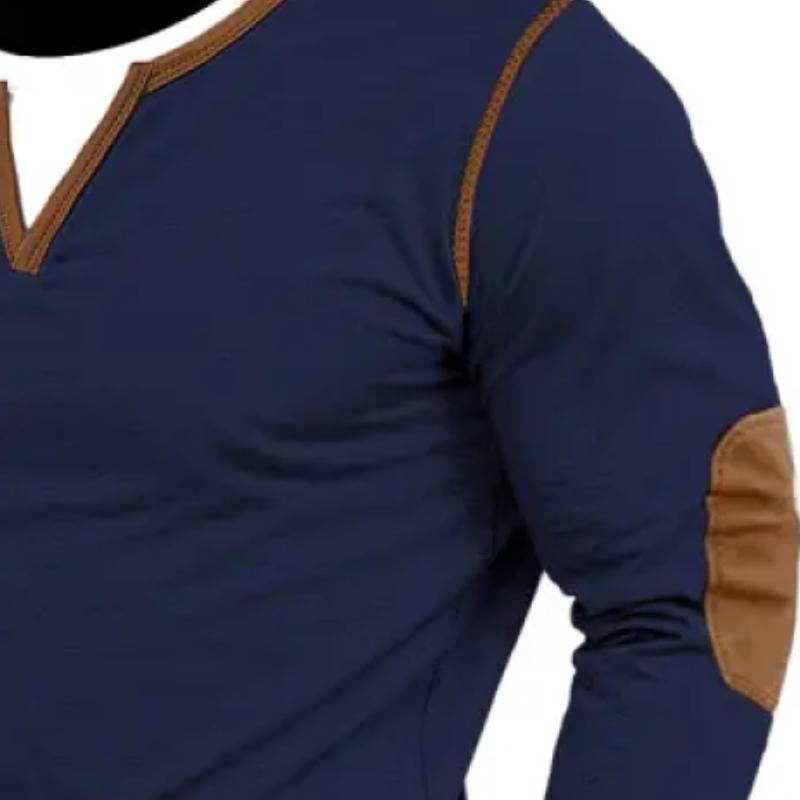 Men's Fashion Fake Two-Piece V-Neck Colorblock Slim Fit Long Sleeve T-Shirt 9883355513016