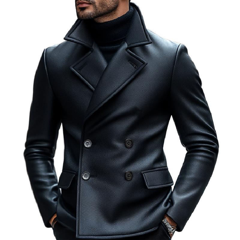 Men's Classic Notch Lapel Double Breasted Slim Fit Leather Blazer 9266614829240
